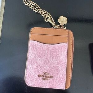 Coach Powder Pink and Tan Leather Card Case with Chain